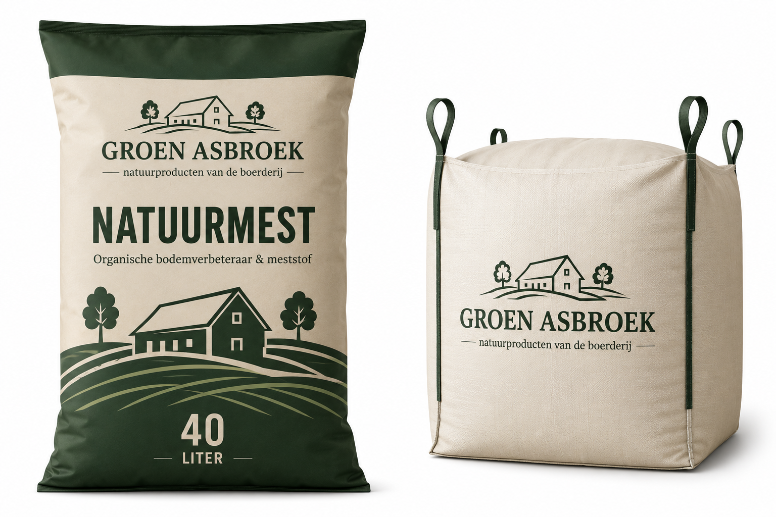Groen Asbroek Natuurmest gedroogde koemest in 40 liter zak en big bag